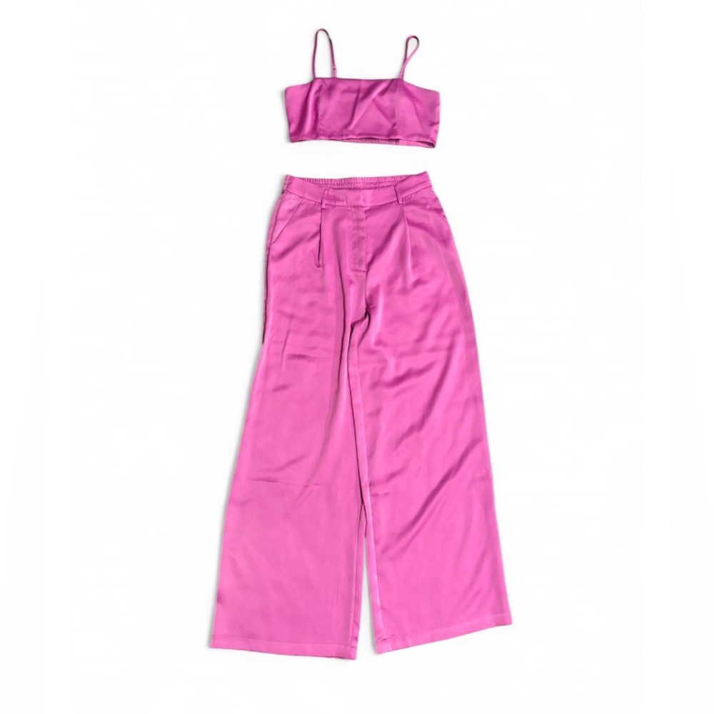House of Harlow 1960 REVOLVE Pink Satin Crop Cami Wide Leg Pants Set Matching